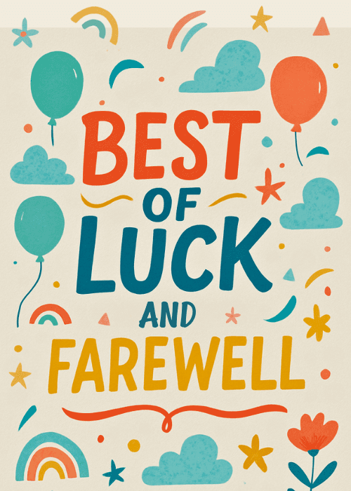 Bold multicolored typographic farewell card with the text Best of Luck and Farewell surrounded by balloons, clouds, rainbows, and doodles on a cream background