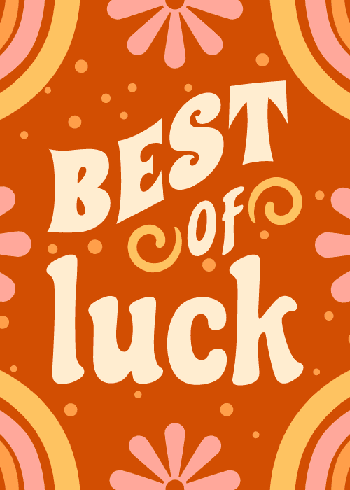 Bold wavy best of luck text with retro rainbows and flowers on orange background