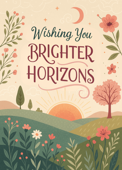 Illustrated farewell card with sunrise over rolling hills, pink flowers, trees, and crescent moon; text reads Wishing You Brighter Horizons