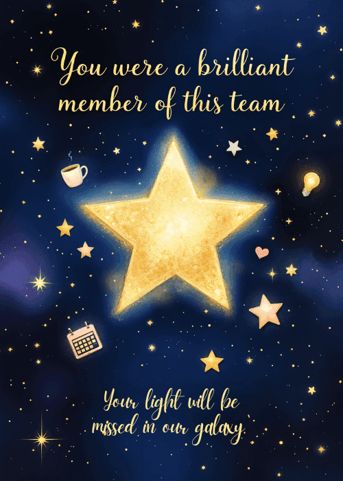 Farewell card on navy galaxy background with glowing gold star and office icons celebrating a brilliant departing team member