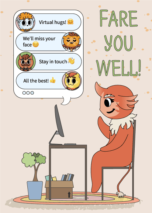 Beige card with orange dot pattern featuring an illustrated fox at a desk with a moving box and bold 'FARE YOU WELL!' text
