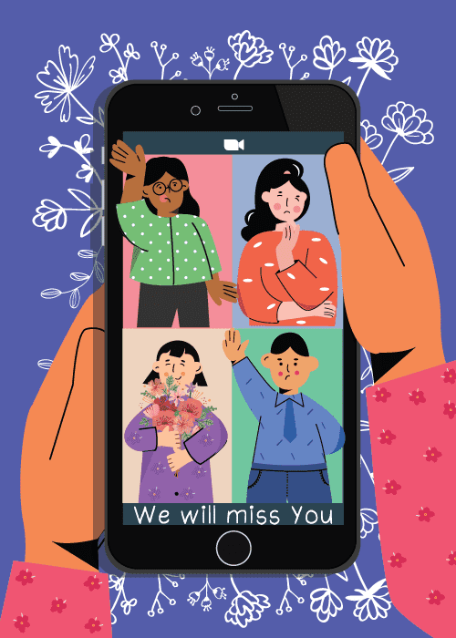 Farewell card on periwinkle blue background with white outline floral illustrations two hands holding large smartphone showing video call grid of four illustrated characters waving and holding flowers with We Will Miss You text