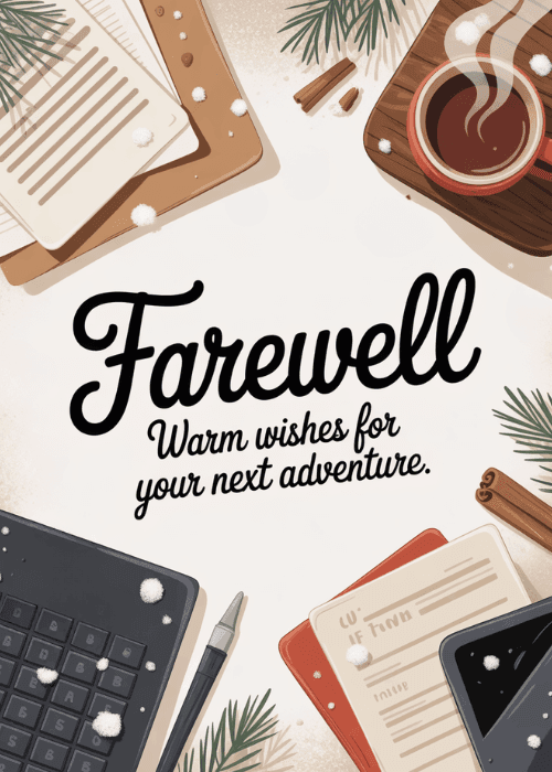 Top-down flat-lay of a winter desk with a dark keyboard, leather notebooks, a fountain pen, a steaming red mug, cinnamon sticks, and snow-covered pine branches on a cream background with elegant farewell text