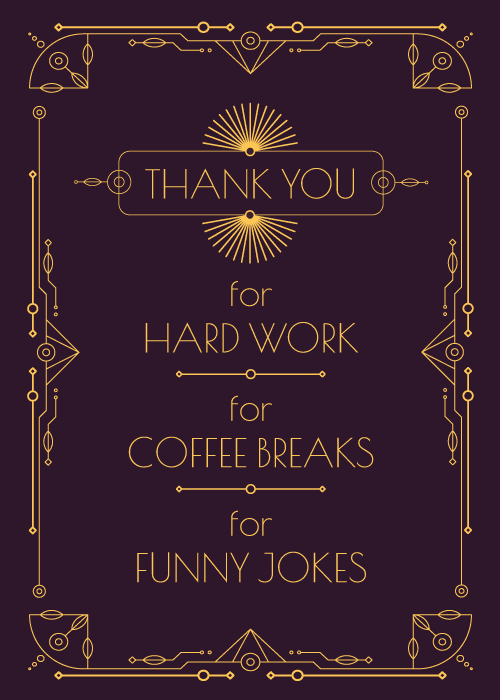 Deep purple farewell card with an ornate gold Art Deco geometric border and sunburst motif, containing gold text reading Thank You for Hard Work for Coffee Breaks for Funny Jokes