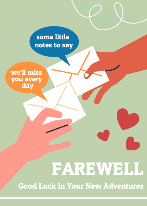 Illustrated farewell card featuring whimsical stacked handwritten notes and warm goodbye messaging