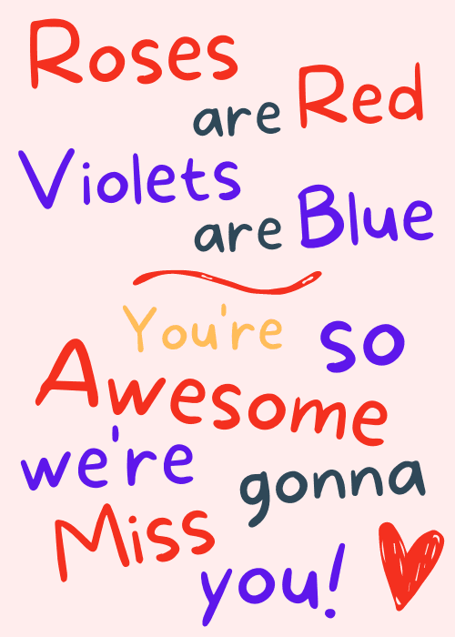 Illustrated farewell card with a roses are red poem parody and farewell message in typographic style