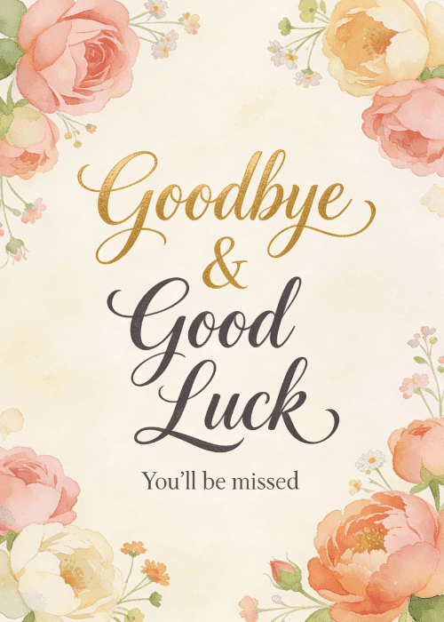 Elegant farewell card with pink and peach roses framing cursive text Goodbye and Good Luck You'll be missed