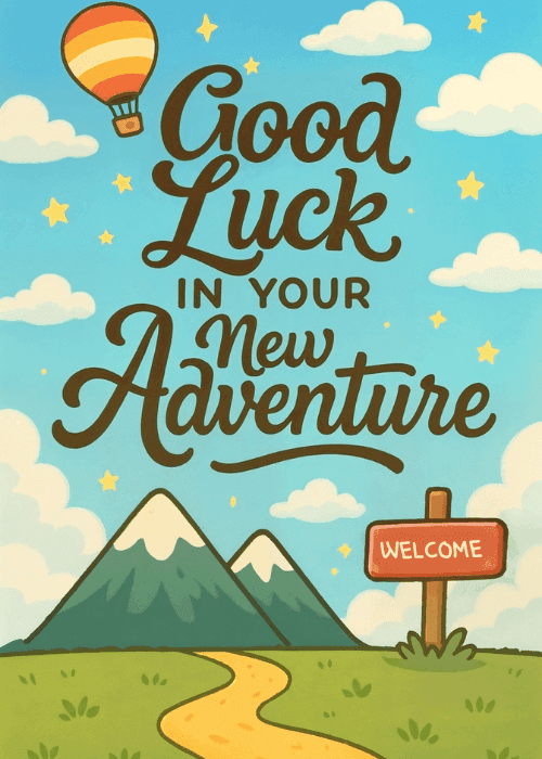 Illustrated card with blue sky, mountains, a winding path, and a hot air balloon with 'Good Luck in Your New Adventure' text