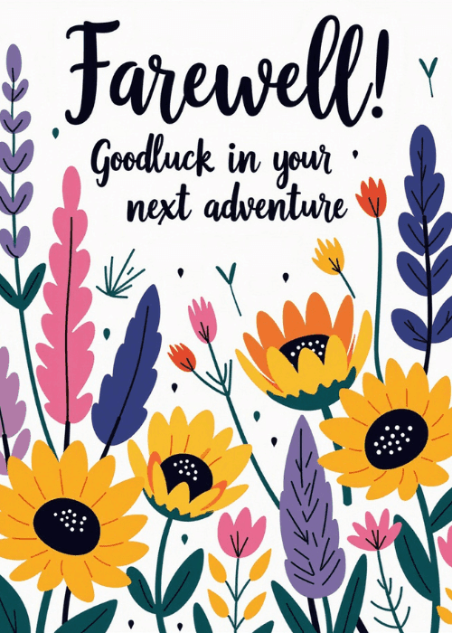 White farewell card with illustrated wildflowers including sunflowers, lavender, and pink blooms with 'Farewell! Goodluck' text