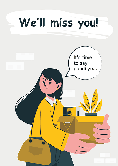Illustrated farewell card with an office moving box scene and heartfelt We'll Miss You message