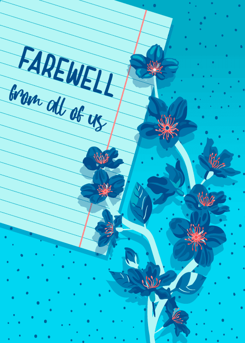 Teal dotted background with a dark blue sakura blossom branch and a tilted lined notebook page overlaid with "Farewell from all of us" in navy handwritten script, with coral-centered flowers