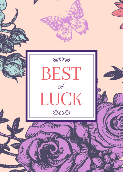 Best of luck card on soft peach background with large illustrated dark navy rose buds and leaves at top left sweeping purple peony blooms at bottom detailed purple butterfly at upper center and white bordered box with bold coral Best of Luck text