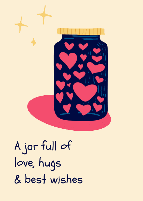 Best wishes card on soft cream background with large illustrated dark navy mason jar with golden lid filled with floating pink hearts of various sizes yellow sparkle stars above and pink ellipse shadow beneath with handwritten A Jar Full of Love Hugs and Best Wishes text