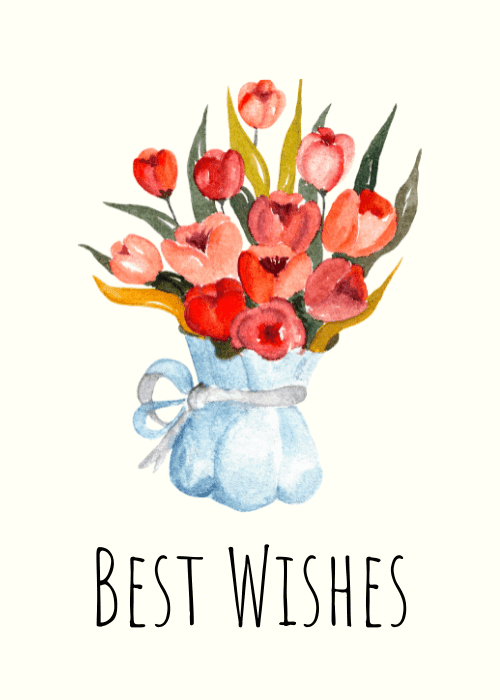 Watercolor tulip bouquet in a blue vase with best wishes text