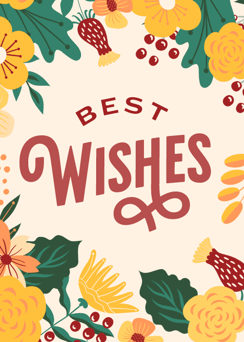 Best wishes greeting card with warm watercolor floral design in soft blush pinks, cream, and teal accents on a light background