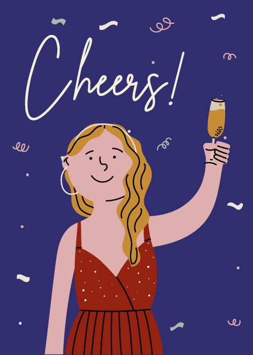 Best wishes celebration card with elegantly illustrated woman raising a champagne glass surrounded by lush illustrated flowers and foliage with Cheers text in script
