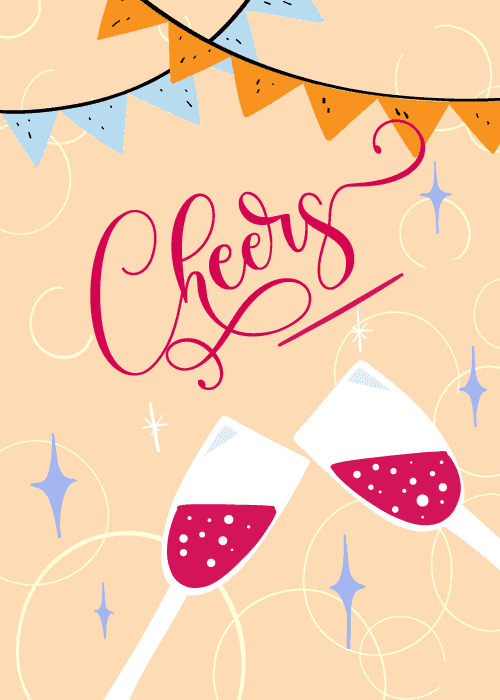 All-purpose celebration cheers card with bold illustrated design featuring cheers messaging with champagne glasses and celebratory elements in vibrant colors