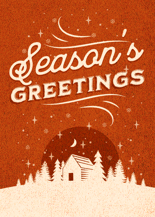 White cabin and trees in a snowy landscape on an orange textured background
