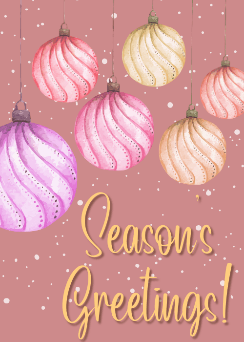 Watercolor ornaments on a pink background with season's greetings text