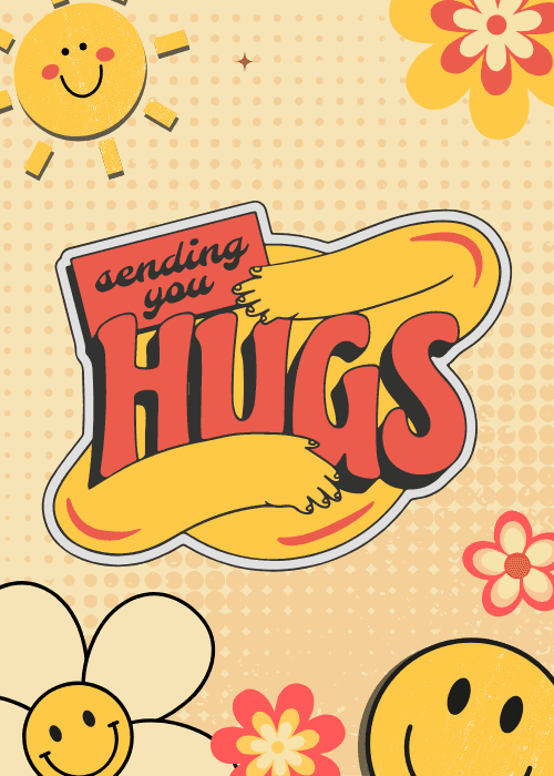 Retro rainbow and smiling sun on a cream background with sending hugs text