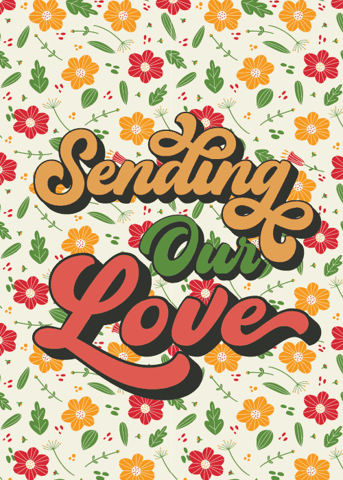 Sending our love best wishes card with warm illustrated floral design and heartfelt text in soft loving tones and gentle decorative floral elements
