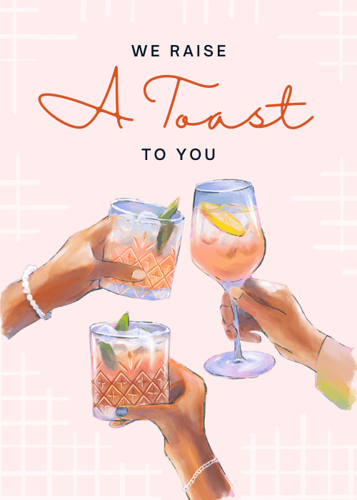 Illustrated best wishes card with champagne glasses raised in a toast and Toast to You celebration message