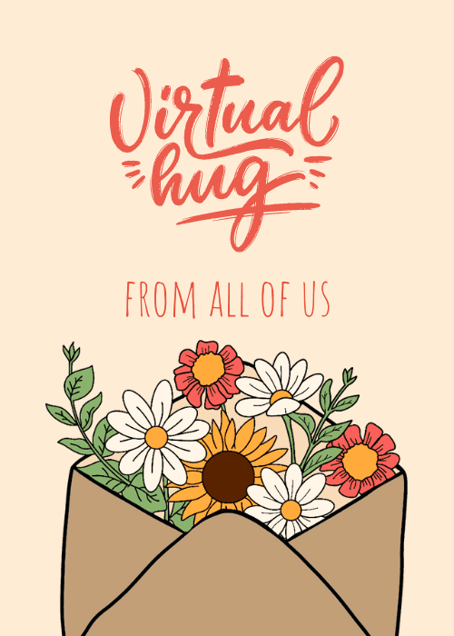 Virtual hug card on soft peach background with bold red brush script reading Virtual Hug and an illustrated kraft envelope overflowing with daisies sunflower and wildflowers below the text From All of Us