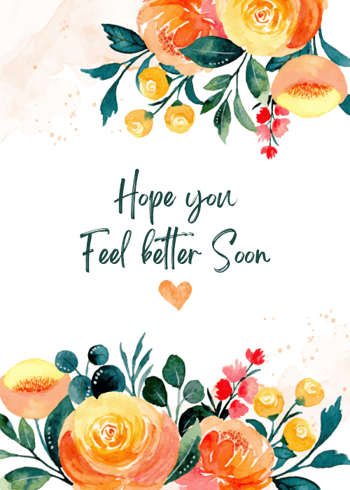 Get well soon office group card with warm illustrated floral botanical design featuring colorful blooms and greenery with a caring heartfelt get well soon message