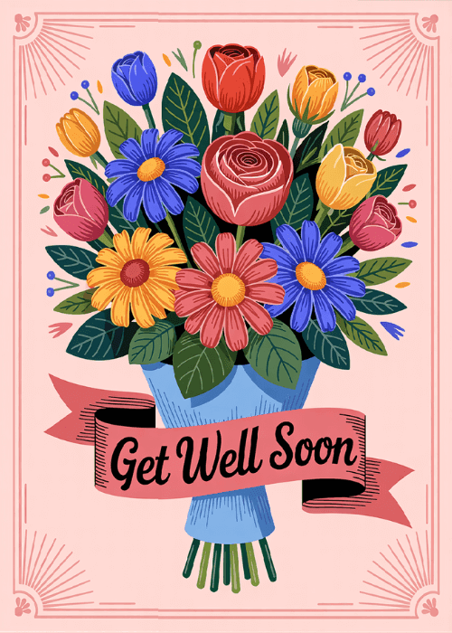 Lush illustrated bouquet of blue daisies, pink and red roses, yellow sunflowers, and orange tulips wrapped in blue paper with a pink ribbon banner reading Get Well Soon, framed by a decorative pink border with art deco corner accents