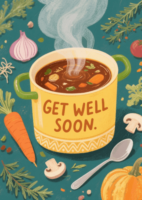 Illustrated yellow soup pot with steaming vegetable broth surrounded by carrots, mushrooms, onion, herbs, and a pumpkin on a teal background with the text Get Well Soon