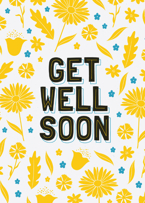Get well soon greeting card with a repeating warm yellow and cream botanical floral pattern design on a light background
