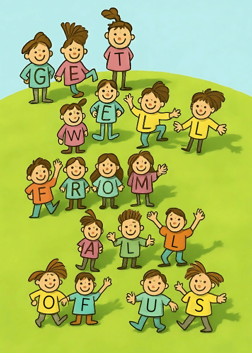 Get well soon card with illustrated children on a hill spelling Get Well From All of Us with sweater letter characters