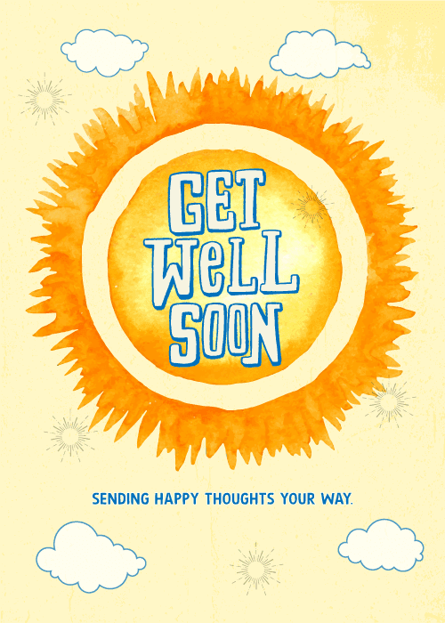 Get well card with a large watercolor orange and yellow sun centered on a pale yellow background with hand-drawn clouds and the message Sending Happy Thoughts Your Way