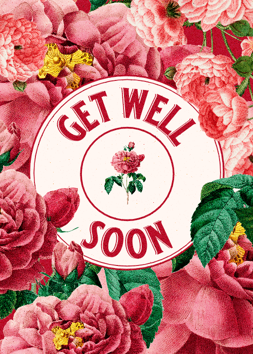 Get well soon card with a full-bleed photographic collage of deep pink peonies and roses with a centered white circular badge reading Get Well Soon in bold red arched text