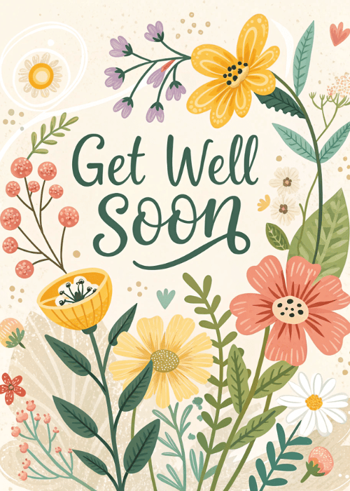 Soft watercolor get well card on a cream-white background with loosely arranged wildflowers including yellow daisies with orange centers large pink blooms small red berries pale orange flowers and abundant green foliage and stems, soft teal-green cursive lettering reading Get Well Soon in the upper center