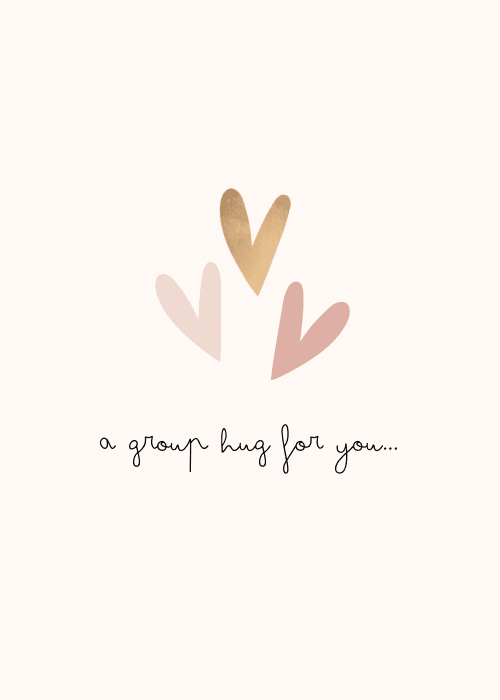 Minimalist get well card with three soft watercolor hearts in pink rose and gold on a white background with the script a group hug for you