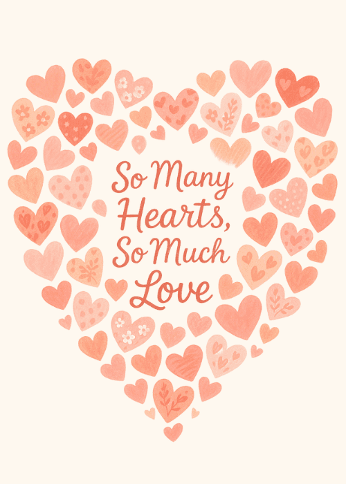 Cream-white card featuring dozens of illustrated pink and coral hearts of varying sizes arranged in the shape of a large heart, with "So Many Hearts, So Much Love" written in deep rose cursive inside the heart