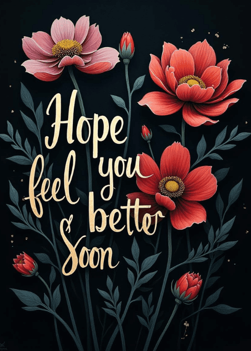 Dark navy get well card with detailed red and pink illustrated floral blooms and gold script lettering Hope you feel better Soon