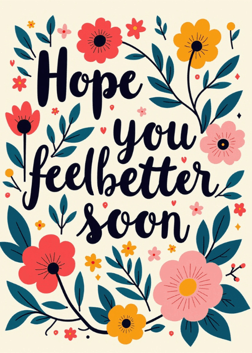 Cream get well card with bold navy script Hope you feel better soon surrounded by colorful flat-illustrated flowers in coral, pink, yellow, and teal