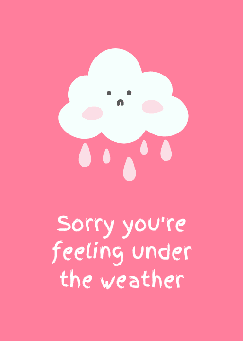 Get well soon greeting card with a vivid rose pink background and cute illustrated design with a playful under the weather theme