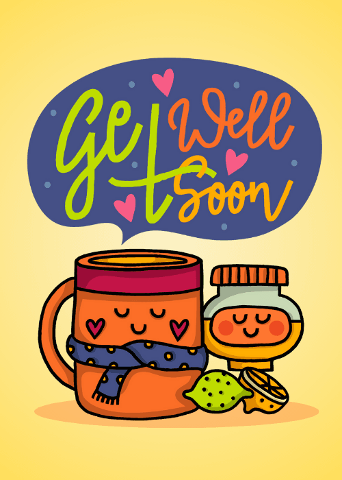 Get well soon card with kawaii illustrated tea mug honey jar and lemon slice characters with warm cheerful faces