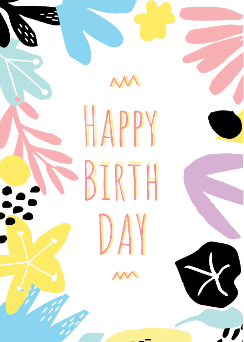 Birthday card with abstract pastel botanical leaf and flower shapes in blue pink yellow and lavender on a white background with coral hand-lettered Happy Birthday text