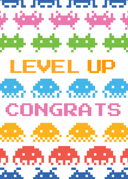 Birthday card with gaming themed pixel art design featuring controllers, stars, and bold text reading Level Up Happy Birthday in vibrant arcade-inspired colors