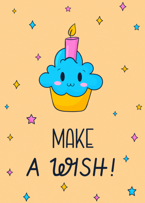 Cute kawaii-style blue cupcake with a smiling face and rosy cheeks with a glowing pink candle surrounded by colorful sparkle stars on a warm peach background with text reading Make A Wish