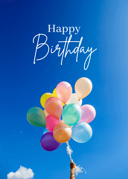 Festive birthday ecard with a vibrant cluster of rainbow-colored illustrated balloons