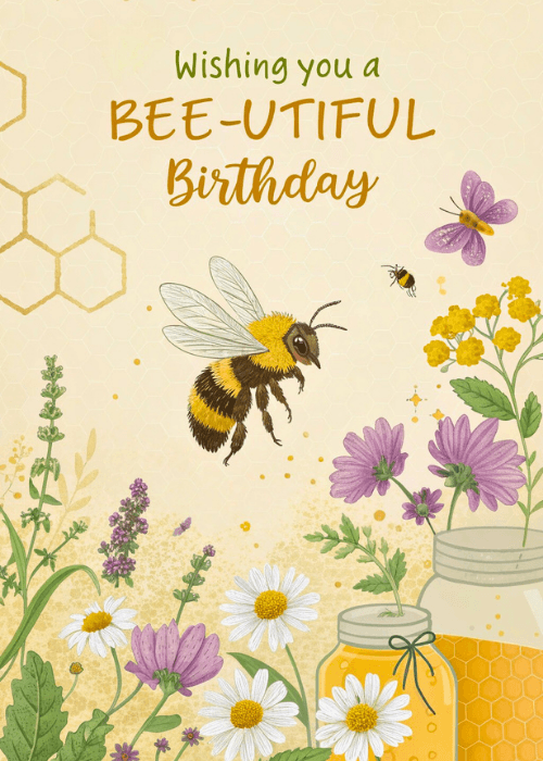 Illustrated honey bee among wildflowers, daisies, and honeycomb patterns with Wishing You a Bee-utiful Birthday text on a golden yellow background