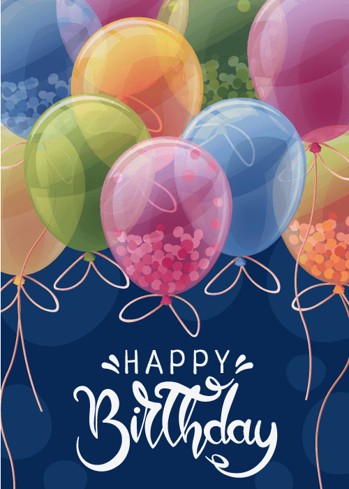 Navy blue birthday card with illustrated cluster of glossy multicolored translucent balloons in rainbow colors above white calligraphy reading "Happy Birthday"