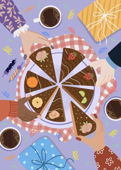 Animated overhead view of diverse hands reaching for slices of chocolate birthday cake on a checkered cloth surrounded by gifts, coffee cups, and confetti on a purple background