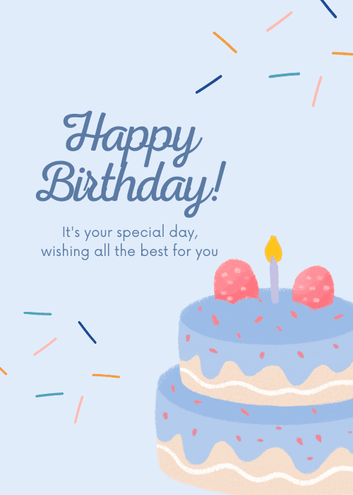 Happy birthday cake celebration card with warm illustrated birthday cake as the centerpiece with colorful candles and festive Happy Birthday text in a celebratory composition