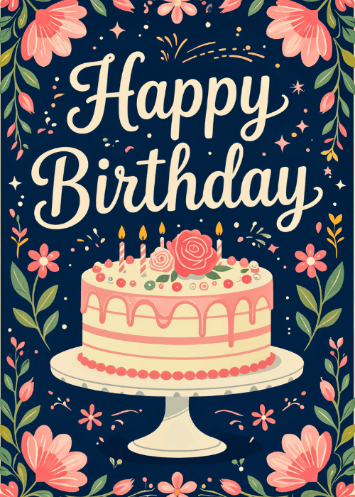 Dark navy birthday card with a layered pink drip cake on a cake stand with lit candles and a rose, framed by large pink folk-art style flowers and green leaves, with Happy Birthday in cream cursive script